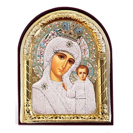 Needzo Virgin Mary Virgin of Kazan Icon Arched With Stand and it is Wall Hanging 4 1/16 Inch, Orthodox Christian Catholic Icon Religious Gift