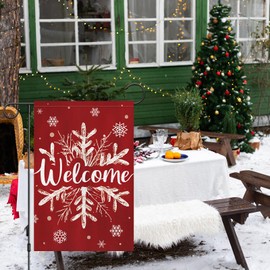 Heyfibro Christmas Winter Welcome Garden Flag 12x18 Inch Double Sided Burlap, Winter Snowflake Yard Flags for Holiday Xmas Yard Outdoor Decoration(ONLY FLAG)