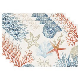 Bonhause Nautical Coastal Placemats Set of 4, 12x18 Inch Ocean Themed Starfish Coral Beach Kitchen Dinning Table Mats Washable Place Mats for Indoor Outdoor Home Party Decor
