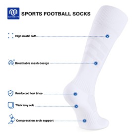 CLOSEMATE Football Socks 2 Pairs Non Slip Knee High Sport Socks for Men Women Anti Slip Cushioned Wicking Anti Blister Athletic Socks for Football Basketball Hiking Running (2 White-A, Size L)