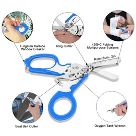 Dekeliy 6 In1 Multifunction Emergency Response Shears, Stainless Steel Foldable Trauma Shears with Strap Cutter and Glass Breaker,Medical Scissors with Holster and Penlight Blue