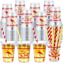 Rtteri 100 Sets Crawfish Boil Party Cups 12 oz Crawfish Plastic Thick Clear Cups Straws Decoration for Seafood Party Favors Gift