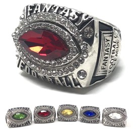 Fantasy Football Championship Trophy Ring | No Year | Football Shaped Many Colors with Clear Display Stand | Size 9-15 (11, Red)