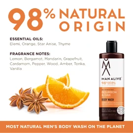 MAN ALIVE MAN ALIVE Shower Gel for men, 500ml mens body wash & face wash contains a masculine scent, Vegan, SLS Free & sulfate free formula. ideal mens grooming gifts for men (Bourbon & Oak, Single)