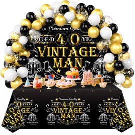 Hsypti 40th Vintage Man Party Decorations, 3-in-1 Black Gold Vintage Party Supplies, Vintage Man Tablecloth and Backdrop Banner, 50Pcs Balloons