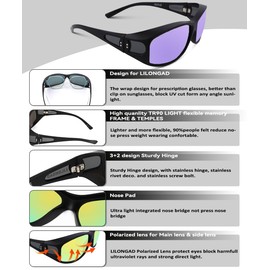 LILONGAD Fit Over Glasses Sunglasses for Men Women,Wrap Around Sunglasses Polarized UV400 Protection Rectangle Sun Glasses Driving SP3845 (Matt Black/Purple REVO)