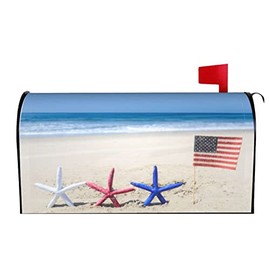 Oplp Starfishes and American Flag Mailbox Cover Magnetic Mailbox Wraps Sandy Beach Post Letter Box Cover for Garden Home Decor 21x18 in