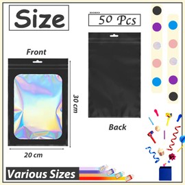 50pcs Mylar Holographic Bags 20x30cm,Black Smell Proof Mylar Bags Resealable Sweet Pouches,Small Plastic Bags Sample Bags for Lipgloss,Jewelry,Eyelash,Food Storage Gift Grip Foil Ziplock Mylar Bags