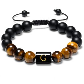 FLTSF.H Initial Bracelets for Men Charms Letter Bracelet for Men 10mm Natural Tiger Eye Black Matte Agate Beads Braided String Bracelet Customize Jewelry Gifts