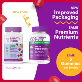 SmartyPants Organic Toddler Multivitamin Gummies: Probiotics, Omega 3 (ALA), Vitamin D3, C, Vitamin B12, B6, A, K & Zinc, Beta Carotene, Gluten Free, Three Fruit Flavors, 60 Count (30 Day Supply)