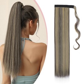 S-noilite Wrap Around Straight Ponytail Extensions 23 Inch Long Straight Clip in Ponytail for Women Synthetic Magic Wrap Pony Tail Hairpiece Soft Silky (23"Straight,Dark Brown Mix Ash Blonde)