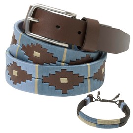 PELPE Argentine Leather Belt with Matching Cord and Leather Wristband Embroidered Leather Belt for Men and Women Argentine Polo Belt, Blue-Beige-02