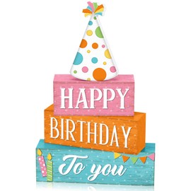 Yuntau 4 Pcs Birthday Table Decor Happy Birthday Wooden Sign Blocks Farmhouse Colorful Tiered Tray Decor Rustic Tabletop Centerpieces for Home Office Desk Shelf Mantel Party Decoration Supplies