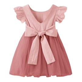 LYXIOF Toddler Baby Girl Tutu Tulle Dress Cotton Linen Ruffle Back Bowknot Princess Party Dresses Dusty Pink 100CM