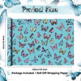 Geluode Colorful Butterfly Wrapping Paper Roll, Luxury Metallic Blue Birthday Gift Wrap Papers for Birthday, Baby Shower, Kids, Women, Girls, Mini Rolls 17x120 Inch