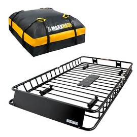 MaxxHaul 51085 64" x 39" x 6" Roof Rack Cargo Carrier Steel Basket, Car Top Luggage Holder for SUV and Pick Up Trucks - 150 lb. Capacity, with 15 Cu.Ft. Water Resistant Roof Bag 44" x 34" x 17"