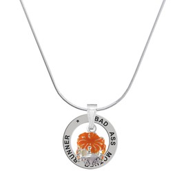 Delight Jewelry Hot Orange Hibiscus Flowers Spinner - Silvertone Bad Mother Runner Message Ring Necklace, 18"