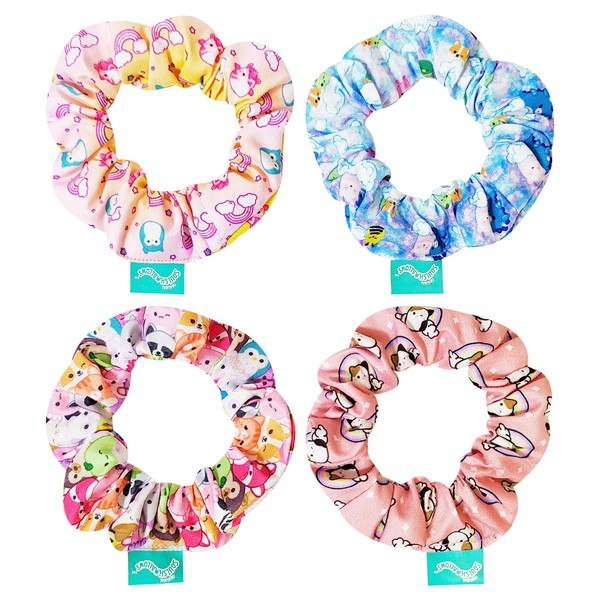 Squishmallow Cute Scrunchies for Girls of All Ages - 4 Large Hair Scrunchies for Girls - 4 Printed Scrunchies with Your Favorite Characters