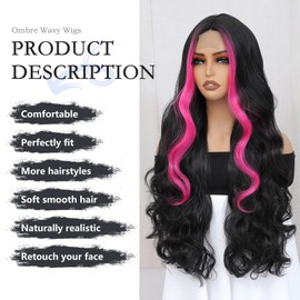 JulyQueen Long Wavy Highlight Wig 28 Inch Pink Highlights Synthetic Wigs for Women Middle Part Body Wave Lace Front Wig Natural Looking Fake Scalp Hair Replacement Wigs for Daily Party Use 1b/pink