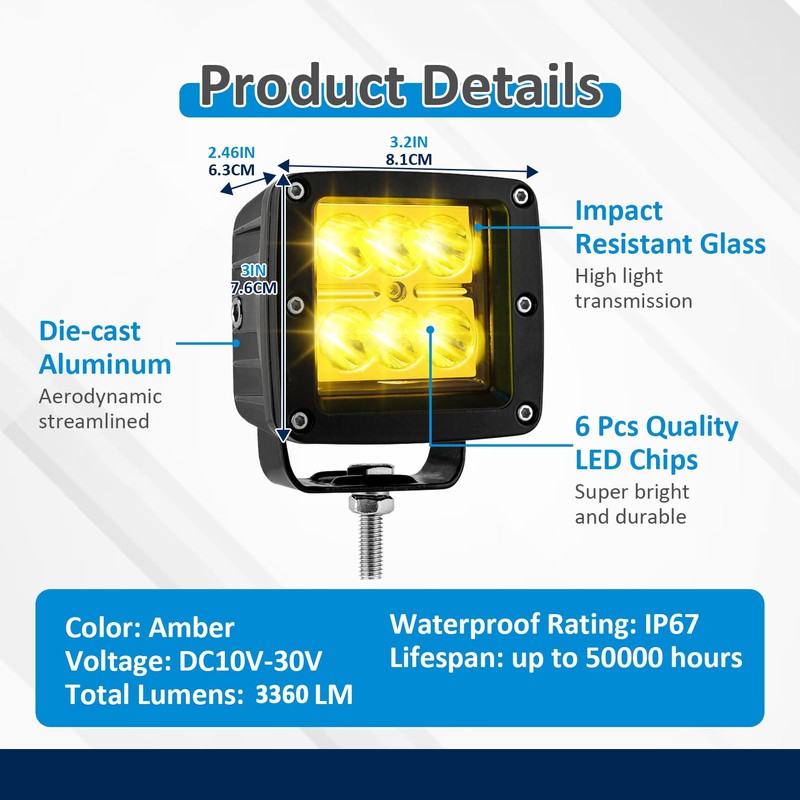 Wsays 2PCS LED Amber Light Pods & Ditch Hood Hinge