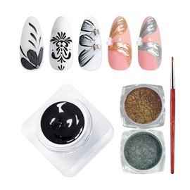 U-Shinein Mirco Sculpture Painting Nail Gel with Chrome Nail Powder, 3D Black Painting Carved Nail Gel, Metallic Mirror Effect, Creative Molding Gel for DIY Nail Home Salon Manicure Soak Off UV LED