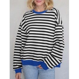Tankaneo Womens Oversized Color Block Sweatshirts Striped Crew Neck Fall Tops Loose Fit Long Sleeve Pullover Shirts Black