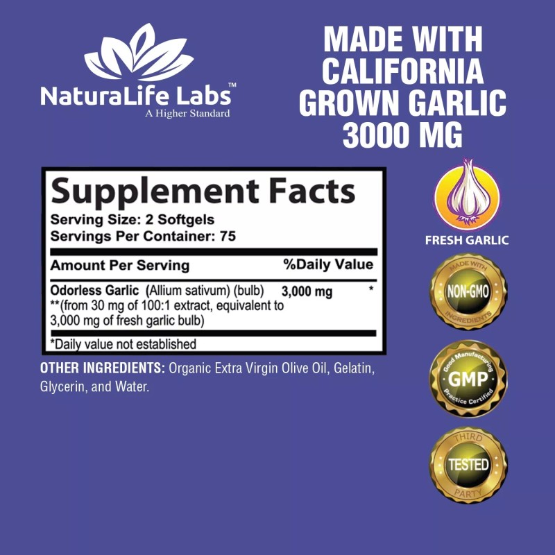 NaturaLife Labs Odorless Pure Garlic 3000 mg per Serving Maximum