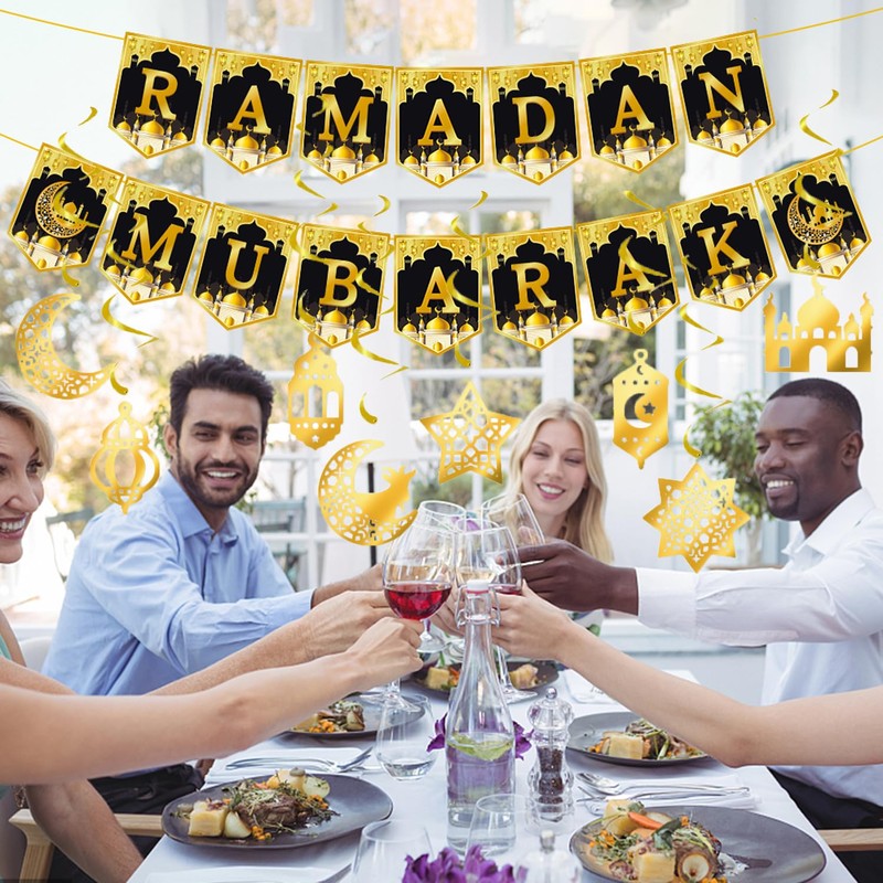 DWEARTY Ramadan Mubarak Banner and 8 Ramadan Hanging Swirl Decorations