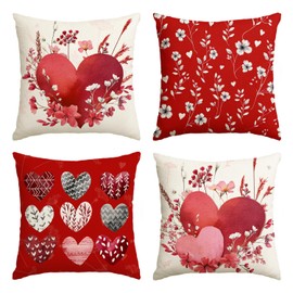Valentine's Day Love Heart Red Throw Pillow Covers, 18 x 18 Inch Flowers Leaves Anniversary Wedding Cushion Case Decoration for Sofa Couch Set of 4