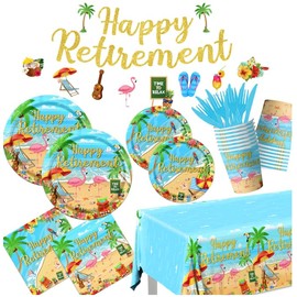 Tropical Retirement Party Decorations,142pcs Retirement Decorations Tableware Set Include Aloha Party Plates And Napkins Cups Tablecloth for Summer Beach Retirement Party Decorations