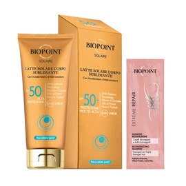 Biopoint Solaire Sublimating Sun Lotion for the Body with Tan Accelerator Gives Golden and Radiant Skin 200ml with Extreme Repair Shampoo 10ml