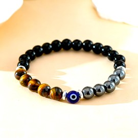 Triple Protection Bracelet for Men Evil Eye Bracelet with Black Tourmaline Hematite Tiger Eye 8mm Beaded Mens Bracelet Spiritual Gifts for Him Boyfriend Brother Husband Christmas Birthday (Style 2)