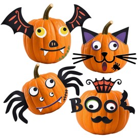 16 Packs Foam Pumpkin Decorating Kit - Pumpkin Foam Stickers for Decorating - 4 Style Holiday Decor Kits for Kids Cat, Bat, Spider Craft Stickers for Halloween Trick or Treat Party Favors