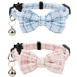 siawadeky Cat Collar with Bell Included, Set of 2, Cute, Checkered Pattern, Ribbon, Pet Collar, Safety Buckle, Adjustable Size, Pet Collar, Lightweight, Easy to Put on and Take off, Accessory for