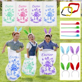 18PACK Easter Party Games for Kids, Easter Potato Sack Race Bags,Bunny Ears Headbands, Egg and Spoon Race Games,Legged Relay Race Bands,Easter Outdoor Games for Easter Eggs Hunt,Easter Party Supplies