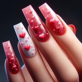 Valentine's Day Press on Nails Long Coffin Fake Nails Red Pink Gradient Acrylic Nails Glossy Glue on Nails Ballerina Artificial Nails Red and Pink Love Heart Stick on False Nails with Design 24 Pcs