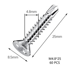 60 PCS Stainless Steel Self Drilling Self Tapping Metal Screws for Iron Sheets, Furniture, Steel Tiles (M4.8 * 25mm)