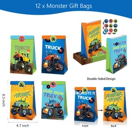 Monster Truck Children's Birthday Party Bags, Racing Car Party Gifts, Monster Truck Birthday Set with Truck Gift Bags, Key Chain, Slap Bracelets Stickers, for Racing Car Decoration, Pack of 86