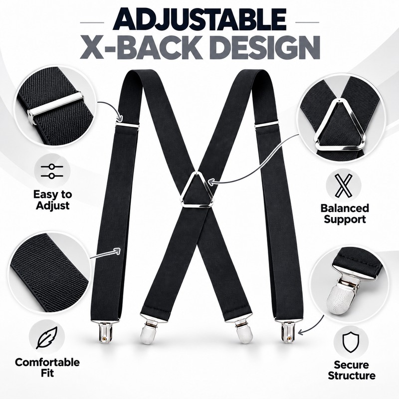 Adjustable 4-Clip Elastic X-Back Suspenders, 3.5 cm Wide Polyester Braces