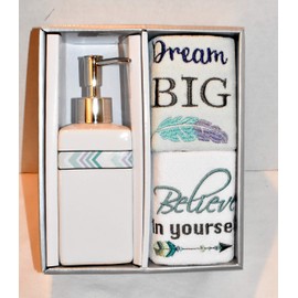 3 Piece Lotion Soap Pump Dispenser & (2) DREM Big Feather & Believe in Yourself Arrow Fingertip Towels Bathroom Accessory Set