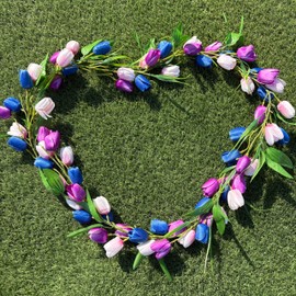 Artificial Tulip Garland，6ft Flowers Garland with Green Leaves Wreath Flower Hanging Vines for Easter Wall Home Wedding Indoor Outdoor Decor