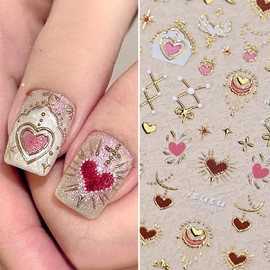 1 Sheets Valentine's Day Nail Stickers 5D Embossed Heart Nail Art Stickers Glitter Shiny Valentines Nail Decals Self-Adhesive Gold Love Hearts Nail Supplies for Women Girls Holiday Nail Decoration