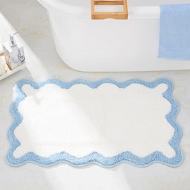 DyeFury Luxury Cute Bathroom Rugs, White Bath Mat W/Blue Scalloped Edge, Microfiber Aesthetic Trendy Funky Fun Preppy Rug, Extra Soft Bathroom Mat Non-Slip for Tub, Shower, and Bath Room 30'' x 20''