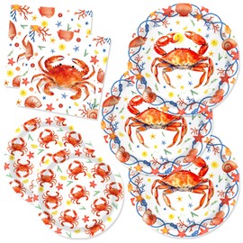CC HOME Crab Birthday Paper Plates Napkins Starfish Shell Conch Disposable Tableware Set Party Supplies Underwater World Theme Dinnerware Sets Serves 24 Guests for Party Plates Napkins 88PCS