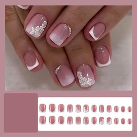 Square Press On Nails Short Fake Nails Nude Pink French Tip Nails Press Ons With Glitter Flower Designs Gradient False Nails Full Cover Glue On Nails Glossy Stick On Nails For Women 24Pcs