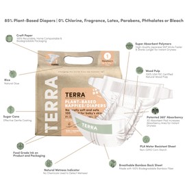 Terra Size 1 Newborn Diapers: 85% Plant-Based Diapers, Ultra-Soft & Chemical-Free for Sensitive Skin, Superior Absorbency for Day or Nighttime Diapers, Designed for Newborns up to 11 Pounds, 24 Count