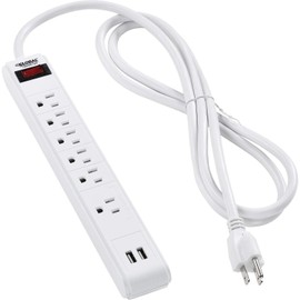 Global Industrial 12" 5+1 Outlet Strip & Surge Protector w/USB Ports, 900 Joules, 6-ft Cord, White