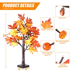 Haivlok 2 Pack Fall Maple Tree Fall Decorations for Home, Battery Operated 24" Tall 24 LED Lights Fall Tree with Timer for Party Tabletop Indoor Outdoor, Thanksgiving Gift Autumn Harvest Home Decor
