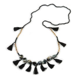 Avalaya Long Sea Shell, Crystal and Acrylic Bead with Multi Cotton Tassel Necklace/Black/Gold/96cm L
