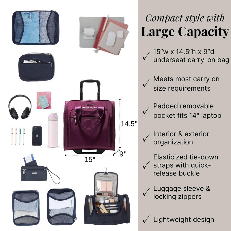 Baggallini 2 Wheel Underseater Carry-On - Lightweight Travel Weekender Luggage